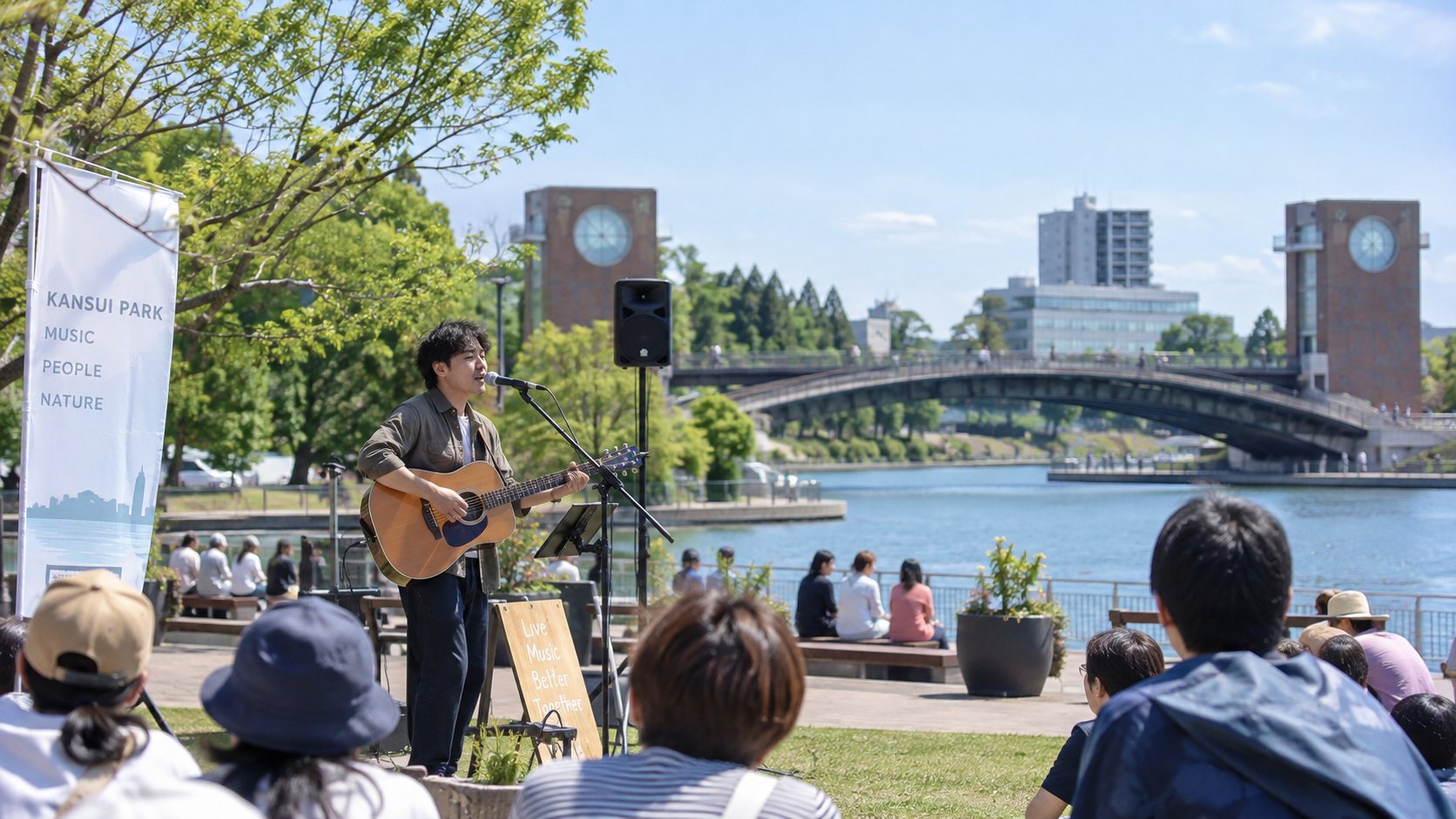 環水公園の川辺でギターを弾き語る